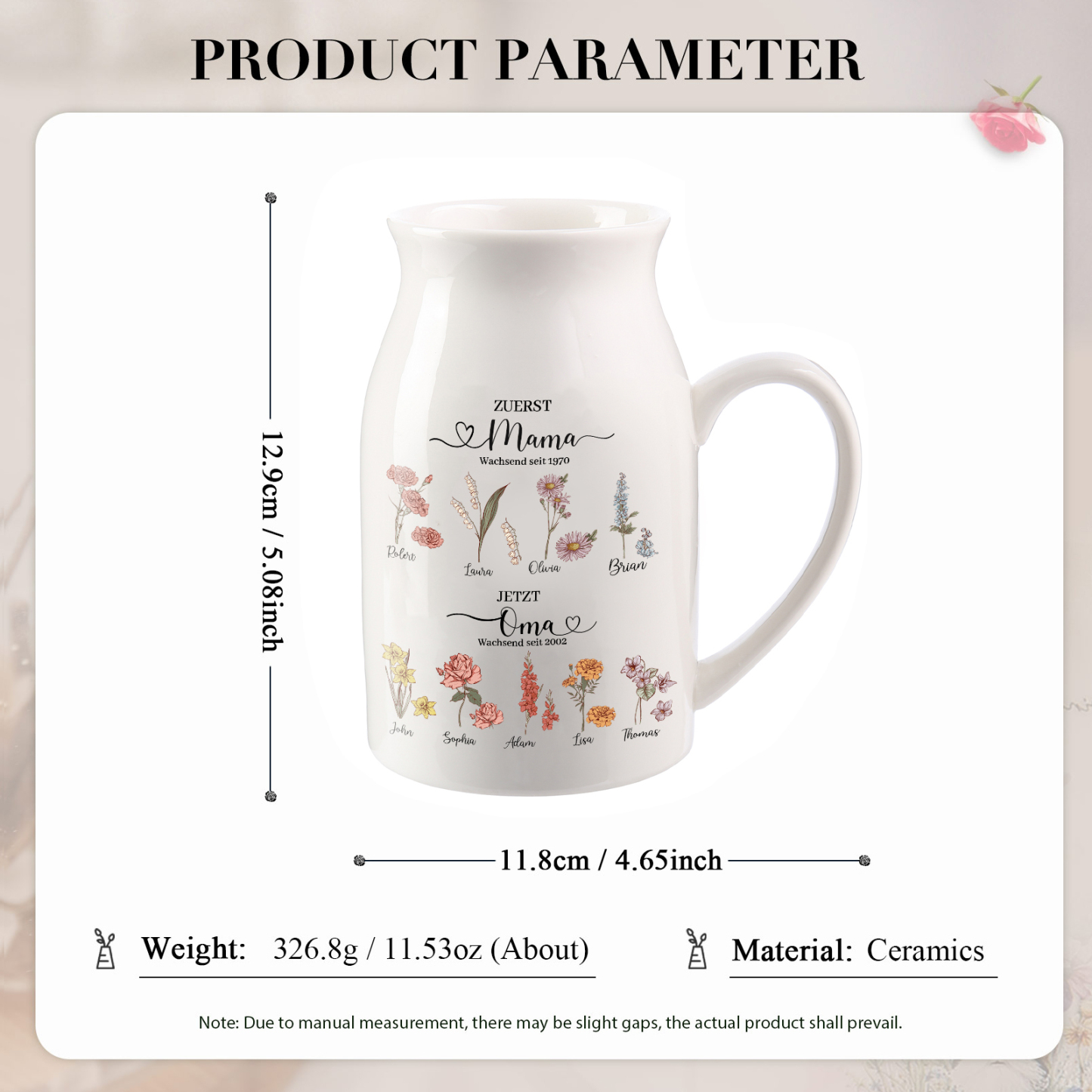 Personalisierte 9 Namen-Zuerst MAMA, Jetzt Oma Geburtsblumen Gießvase mit Henkel Mama Vase-Pefektes Geschenk für Mama /Oma
