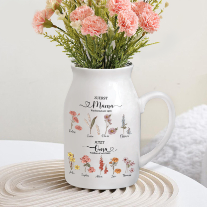 Personalisierte 9 Namen-Zuerst MAMA, Jetzt Oma Geburtsblumen Gießvase mit Henkel Mama Vase-Pefektes Geschenk für Mama /Oma