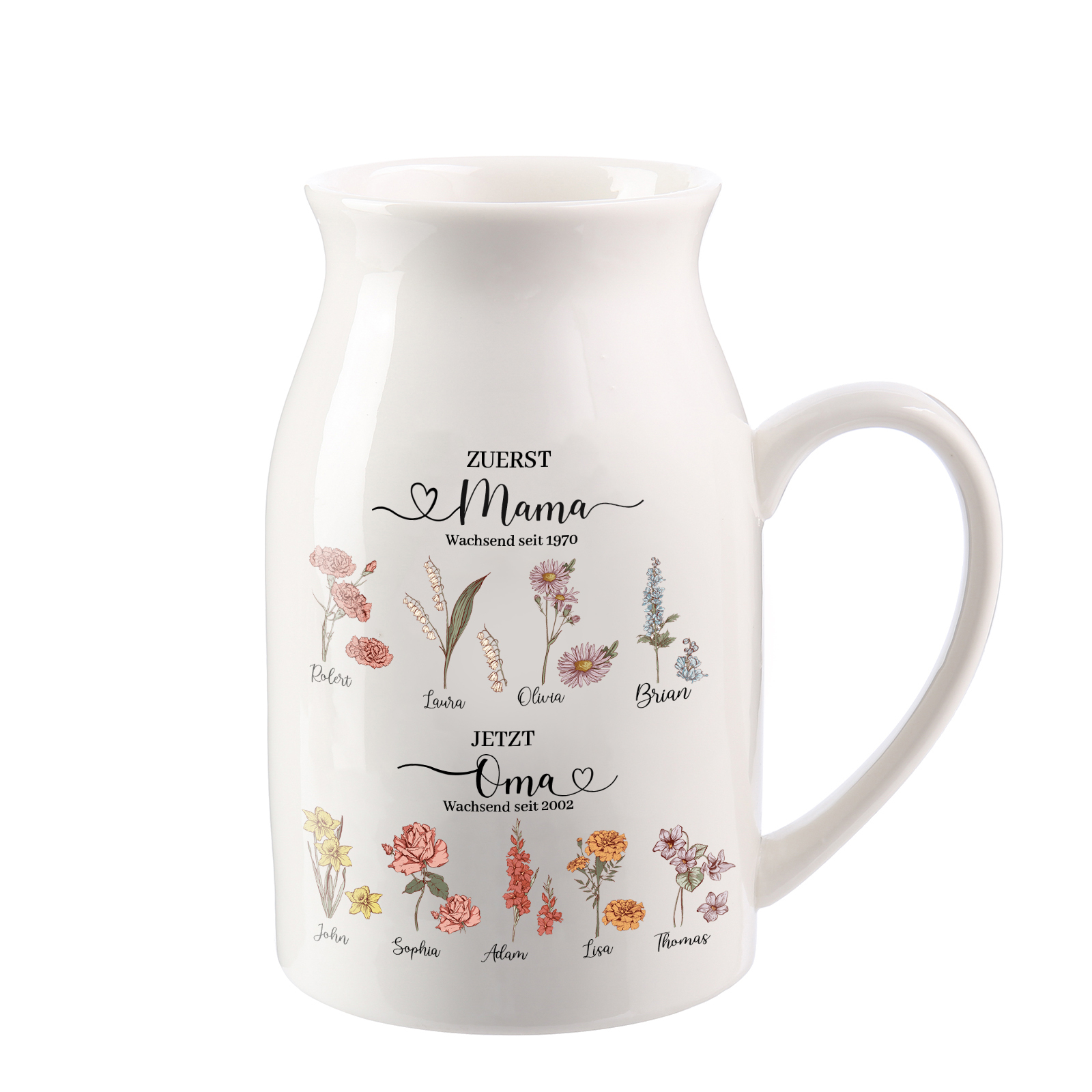 Personalisierte 9 Namen-Zuerst MAMA, Jetzt Oma Geburtsblumen Gießvase mit Henkel Mama Vase-Pefektes Geschenk für Mama /Oma