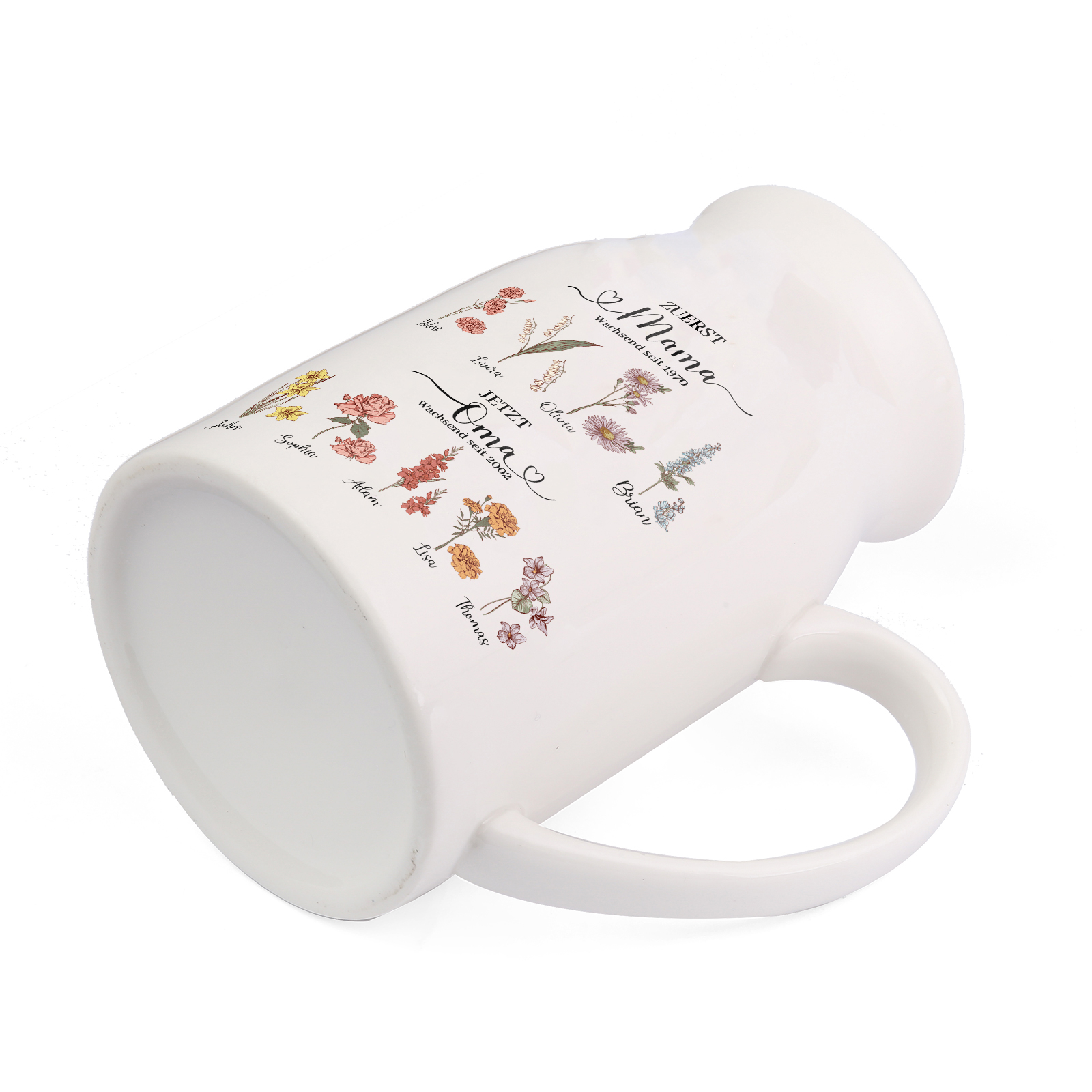 Personalisierte 9 Namen-Zuerst MAMA, Jetzt Oma Geburtsblumen Gießvase mit Henkel Mama Vase-Pefektes Geschenk für Mama /Oma