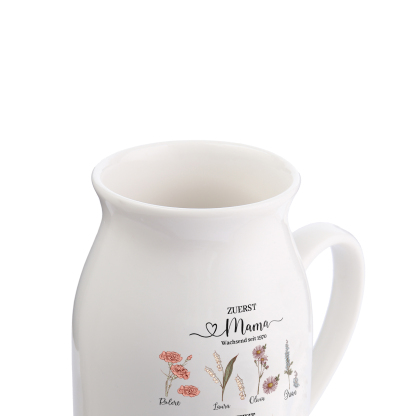 Personalisierte 9 Namen-Zuerst MAMA, Jetzt Oma Geburtsblumen Gießvase mit Henkel Mama Vase-Pefektes Geschenk für Mama /Oma
