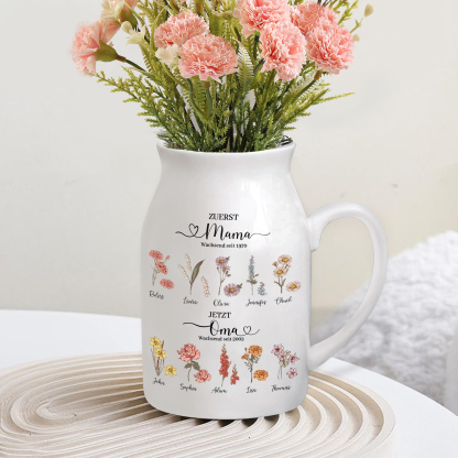 Personalisierte 10 Namen-Zuerst MAMA, Jetzt Oma Geburtsblumen Gießvase mit Henkel Mama Vase-Pefektes Geschenk für Mama /Oma