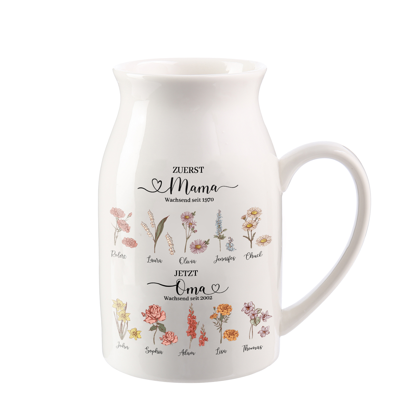 Personalisierte 10 Namen-Zuerst MAMA, Jetzt Oma Geburtsblumen Gießvase mit Henkel Mama Vase-Pefektes Geschenk für Mama /Oma