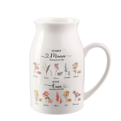 Personalisierte 10 Namen-Zuerst MAMA, Jetzt Oma Geburtsblumen Gießvase mit Henkel Mama Vase-Pefektes Geschenk für Mama /Oma