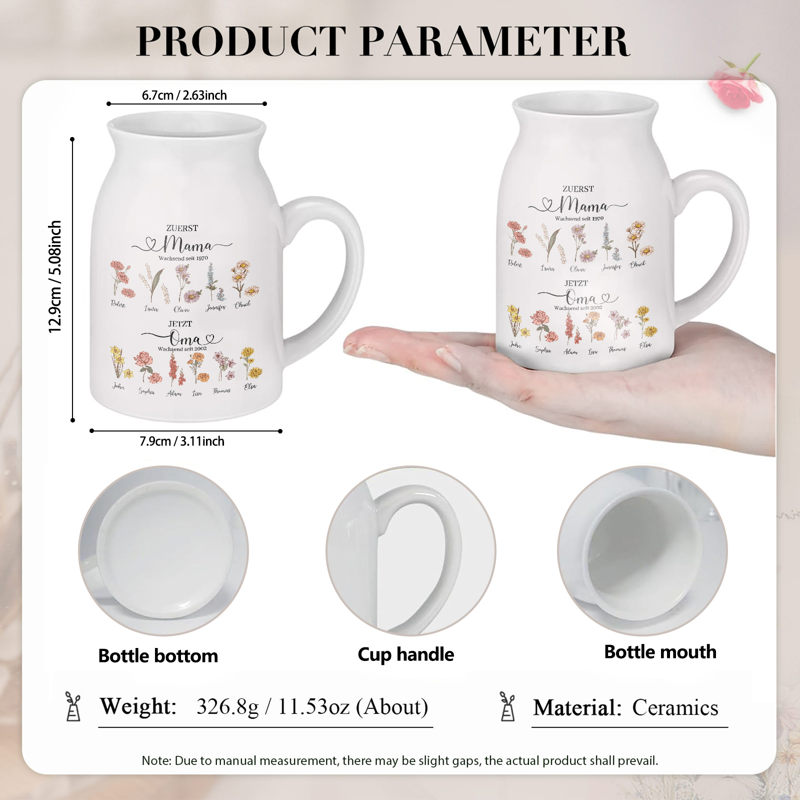 Personalisierte 11 Namen-Zuerst MAMA, Jetzt Oma Geburtsblumen Gießvase mit Henkel Mama Vase-Pefektes Geschenk für Mama /Oma