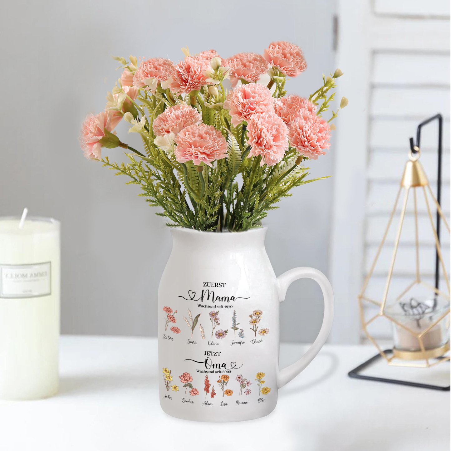 Personalisierte 11 Namen-Zuerst MAMA, Jetzt Oma Geburtsblumen Gießvase mit Henkel Mama Vase-Pefektes Geschenk für Mama /Oma