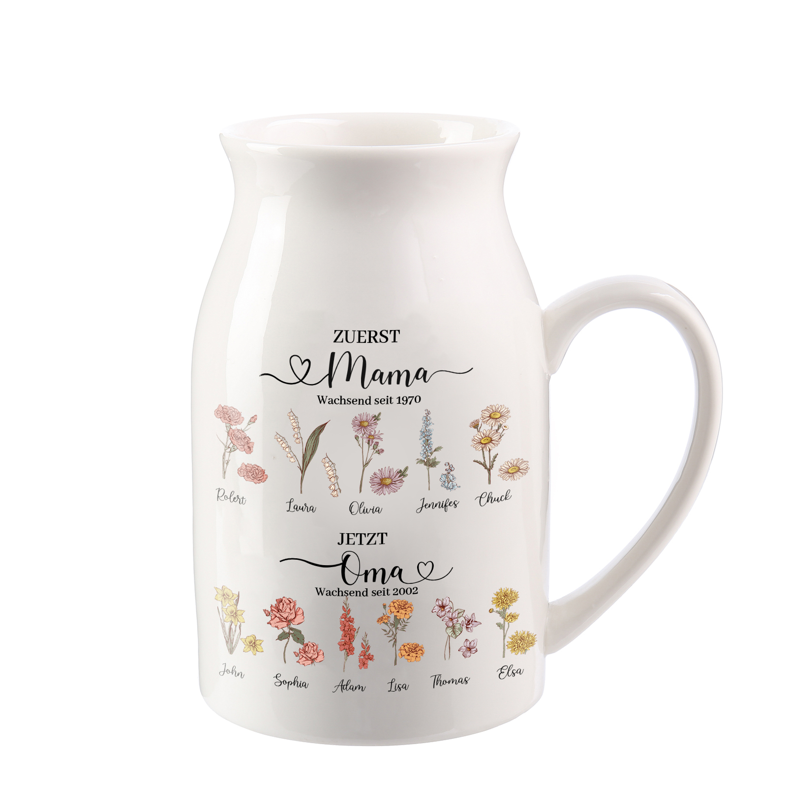 Personalisierte 11 Namen-Zuerst MAMA, Jetzt Oma Geburtsblumen Gießvase mit Henkel Mama Vase-Pefektes Geschenk für Mama /Oma