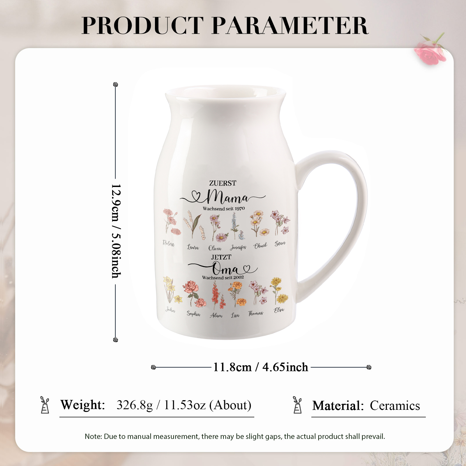 Personalisierte 12 Namen-Zuerst MAMA, Jetzt Oma Geburtsblumen Gießvase mit Henkel Mama Vase-Pefektes Geschenk für Mama /Oma