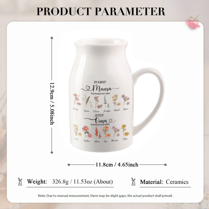 Personalisierte 12 Namen-Zuerst MAMA, Jetzt Oma Geburtsblumen Gießvase mit Henkel Mama Vase-Pefektes Geschenk für Mama /Oma