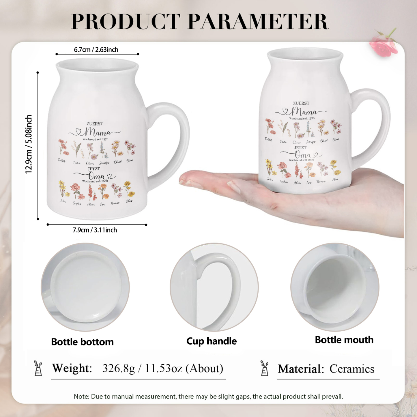 Personalisierte 12 Namen-Zuerst MAMA, Jetzt Oma Geburtsblumen Gießvase mit Henkel Mama Vase-Pefektes Geschenk für Mama /Oma
