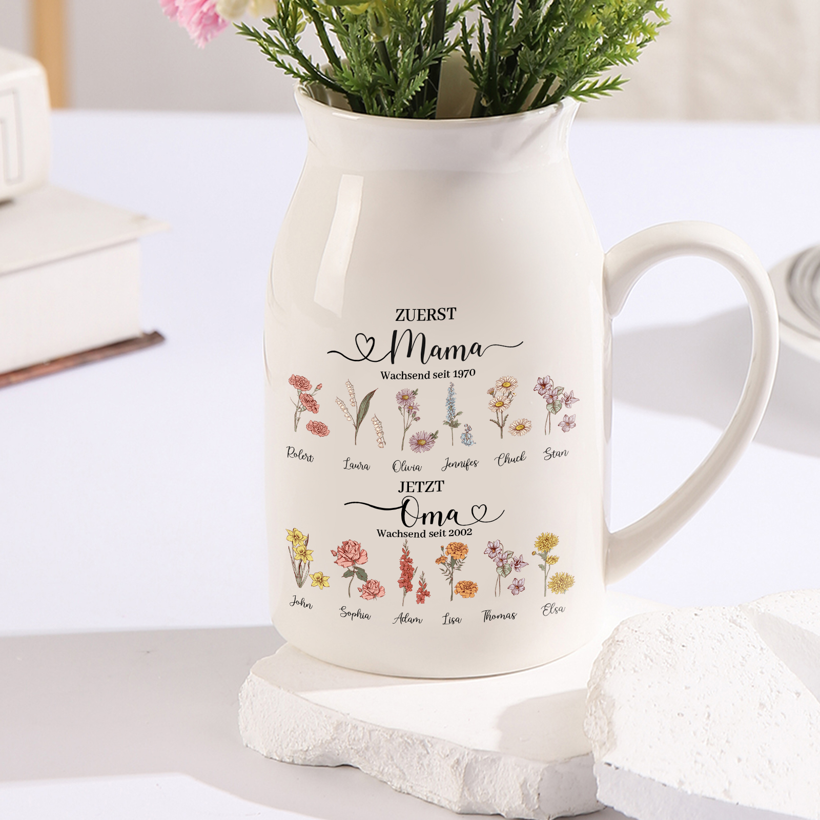 Personalisierte 12 Namen-Zuerst MAMA, Jetzt Oma Geburtsblumen Gießvase mit Henkel Mama Vase-Pefektes Geschenk für Mama /Oma