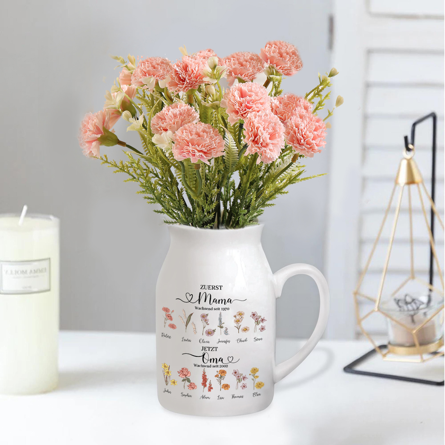 Personalisierte 12 Namen-Zuerst MAMA, Jetzt Oma Geburtsblumen Gießvase mit Henkel Mama Vase-Pefektes Geschenk für Mama /Oma