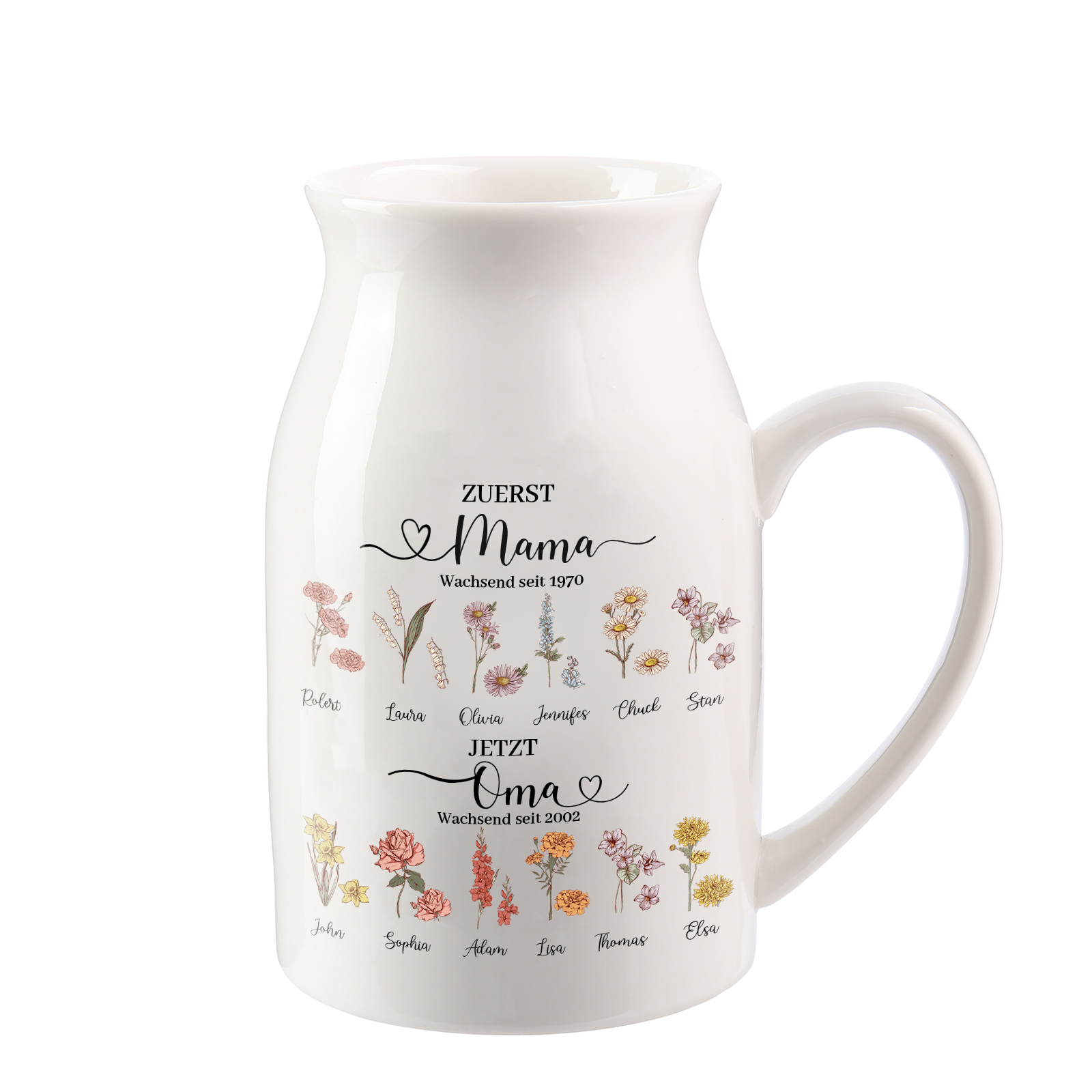Personalisierte 12 Namen-Zuerst MAMA, Jetzt Oma Geburtsblumen Gießvase mit Henkel Mama Vase-Pefektes Geschenk für Mama /Oma