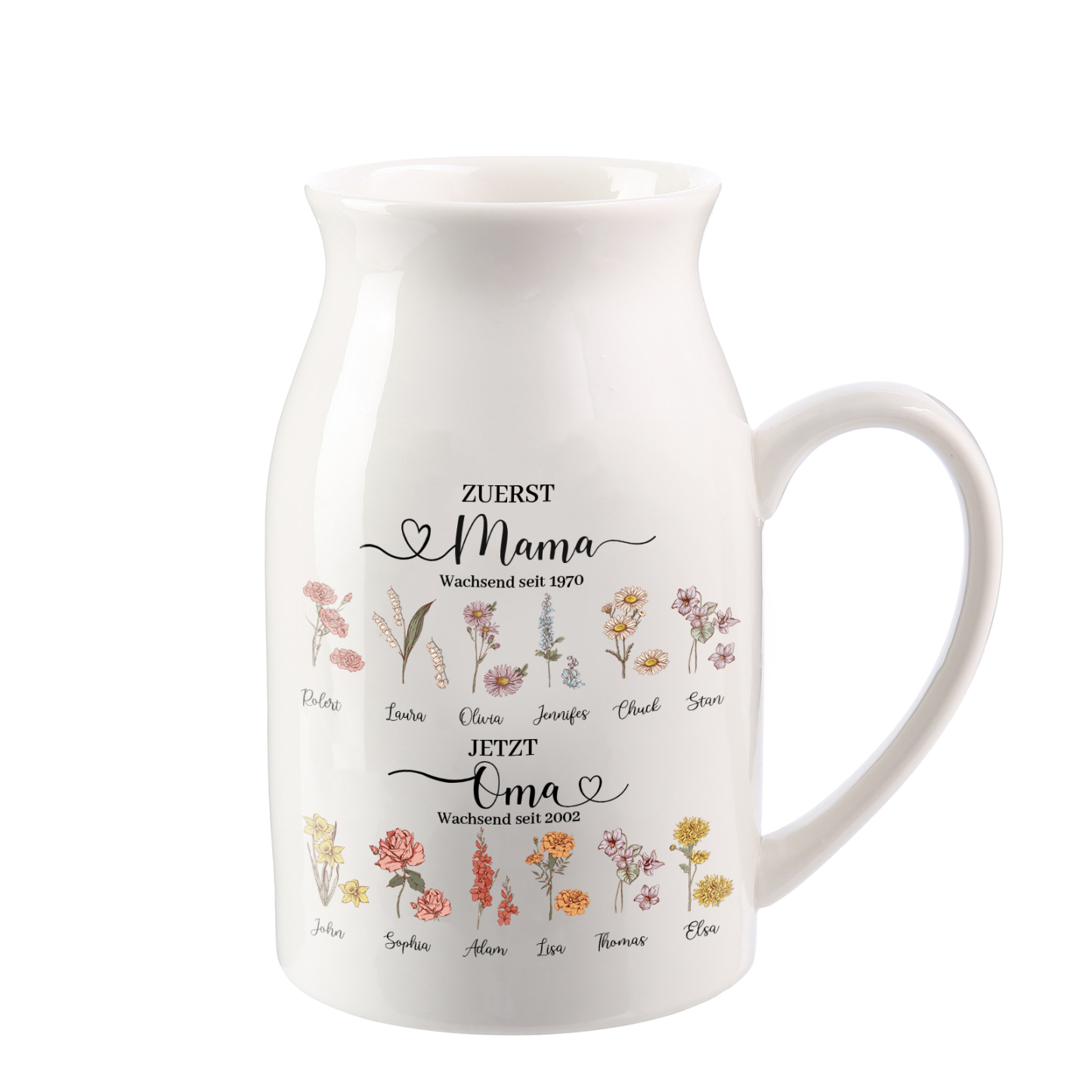 Personalisierte 12 Namen-Zuerst MAMA, Jetzt Oma Geburtsblumen Gießvase mit Henkel Mama Vase-Pefektes Geschenk für Mama /Oma