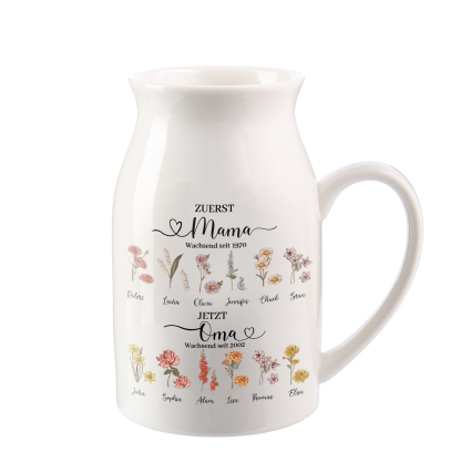 Personalisierte 12 Namen-Zuerst MAMA, Jetzt Oma Geburtsblumen Gießvase mit Henkel Mama Vase-Pefektes Geschenk für Mama /Oma