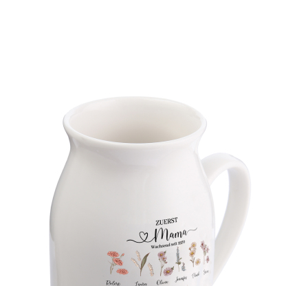 Personalisierte 12 Namen-Zuerst MAMA, Jetzt Oma Geburtsblumen Gießvase mit Henkel Mama Vase-Pefektes Geschenk für Mama /Oma