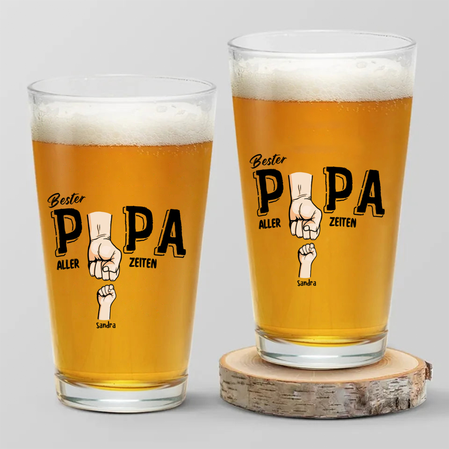 Personalisierte 1-5 Namen mit Faust Bierglas-Tasse – Bester Papa aller Zeiten – Bier-Glastasse für Papa