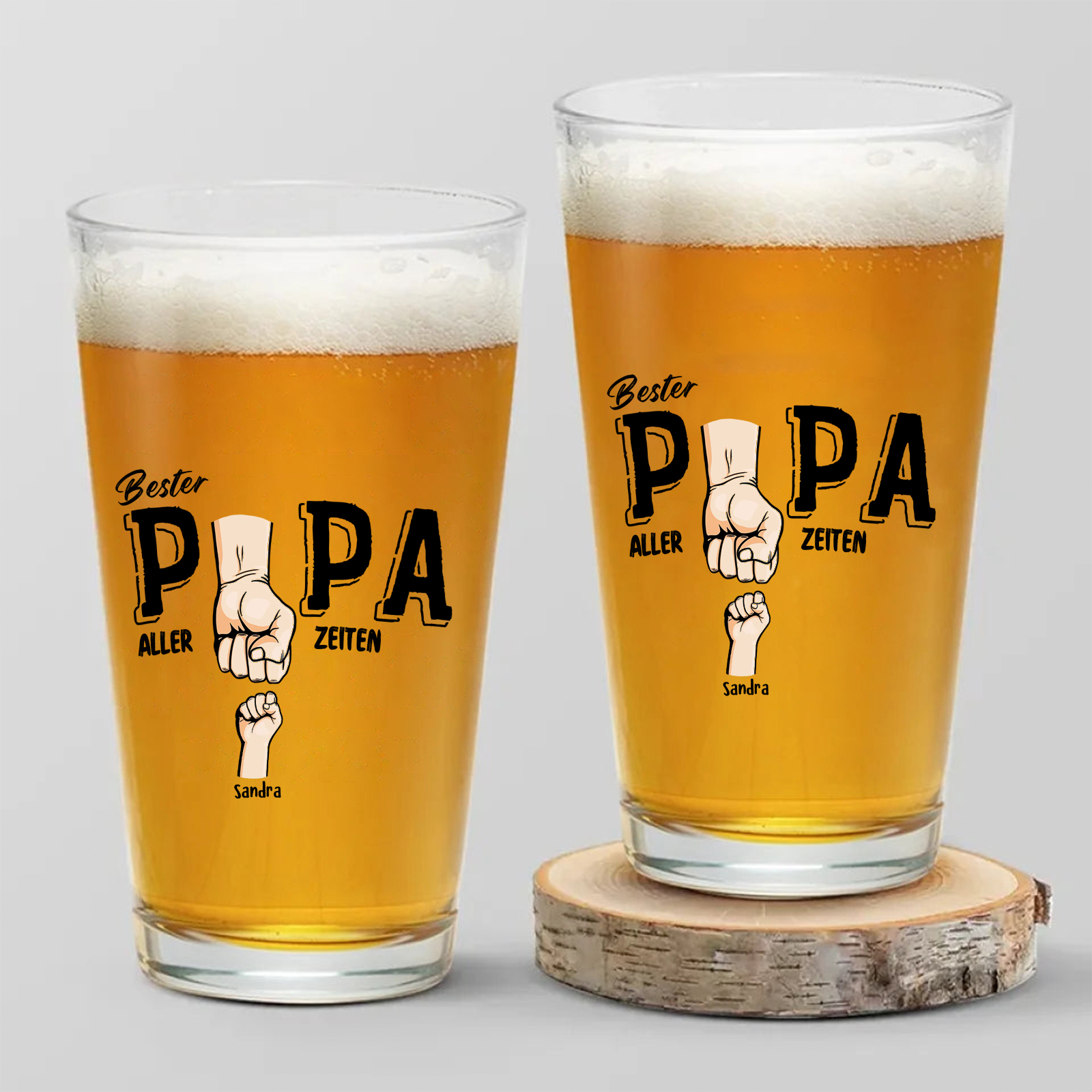 Personalisierte 1-5 Namen mit Faust Bierglas-Tasse – Bester Papa aller Zeiten – Bier-Glastasse für Papa