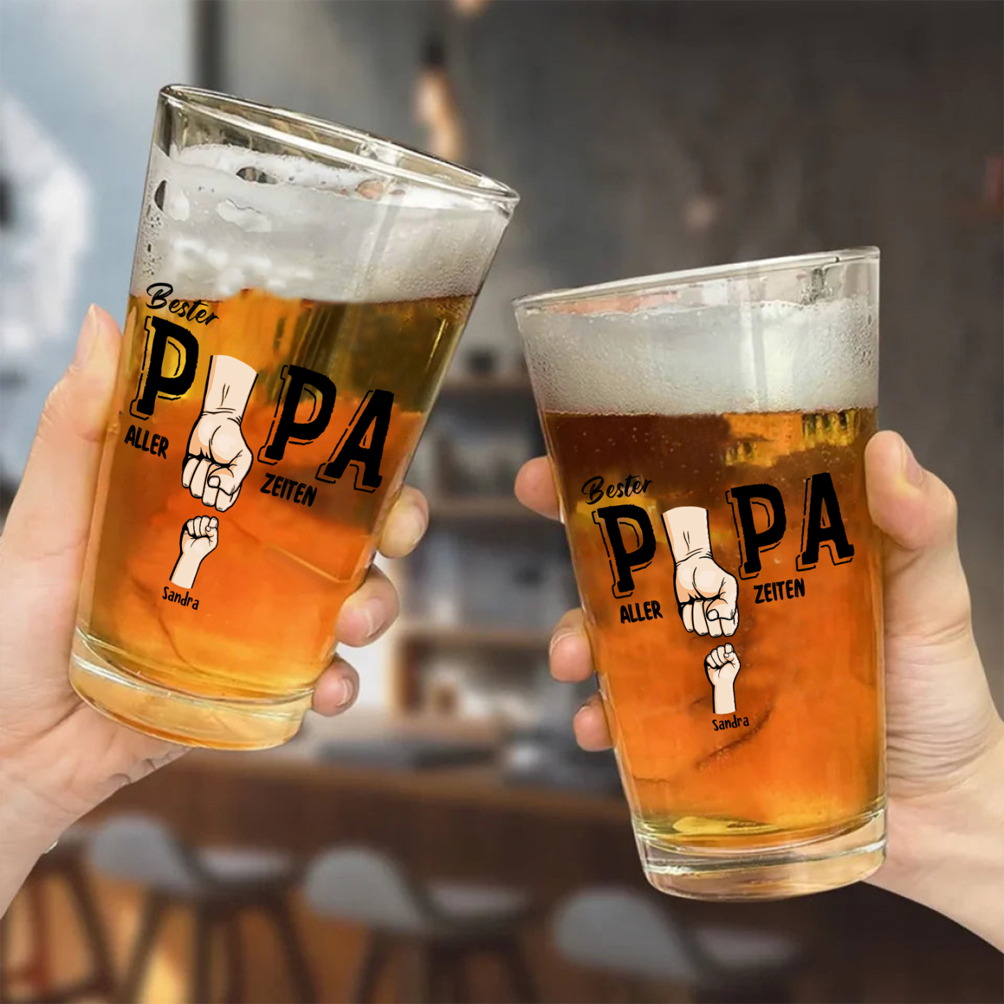 Personalisierte 1-5 Namen mit Faust Bierglas-Tasse – Bester Papa aller Zeiten – Bier-Glastasse für Papa