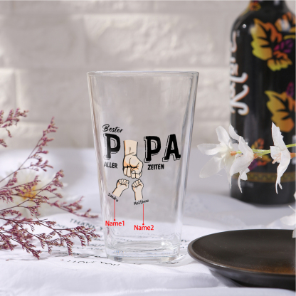 Personalisierte 1-5 Namen mit Faust Bierglas-Tasse – Bester Papa aller Zeiten – Bier-Glastasse für Papa