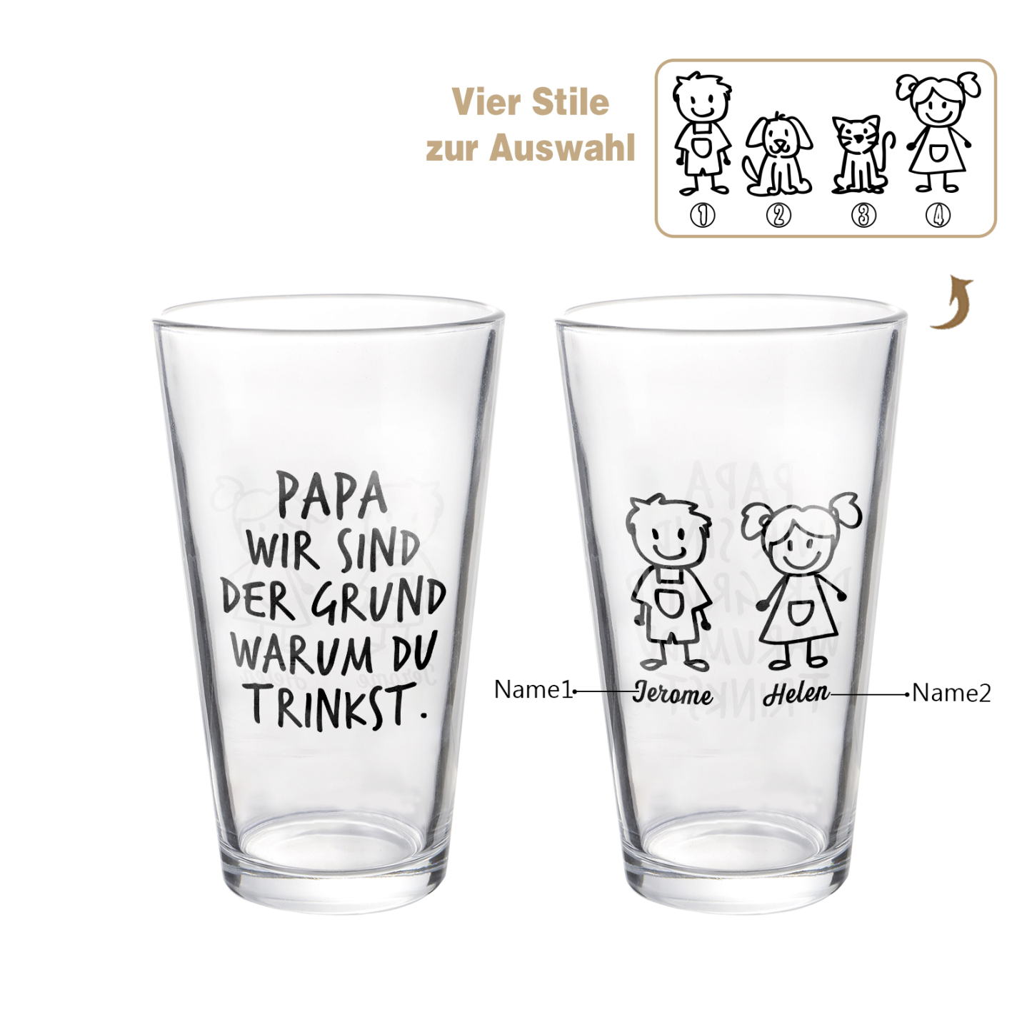 Personalisierte 1-6 Namen mit Faust Bierglas-Tasse – Bester Papa aller Zeiten – Bier-Glastasse für Papa