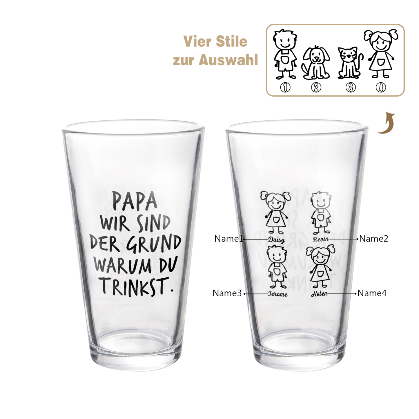 Personalisierte 1-6 Namen mit Faust Bierglas-Tasse – Bester Papa aller Zeiten – Bier-Glastasse für Papa