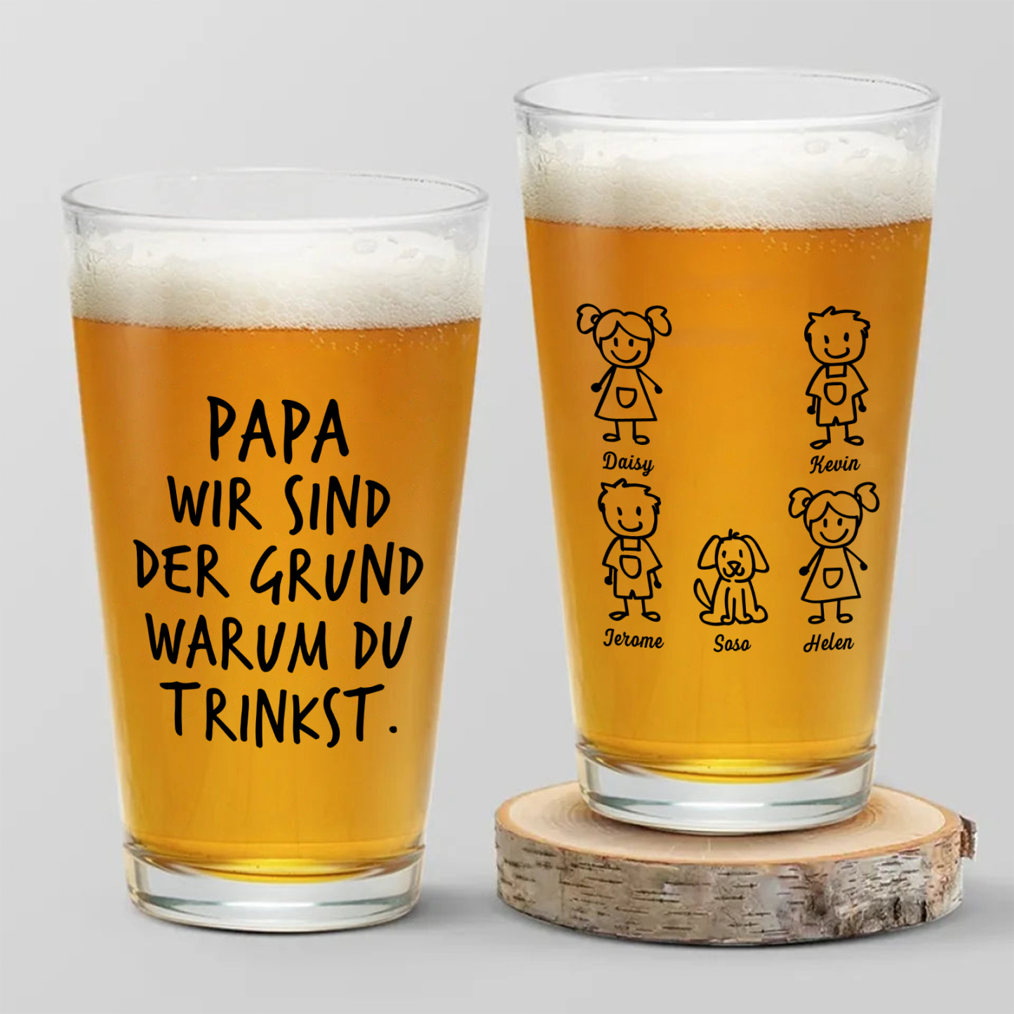 Personalisierte 1-6 Namen & Muster Bierglas-Tasse – Papa, wir sind Grund, warum du trinkst – Bier-Glastasse für Papa