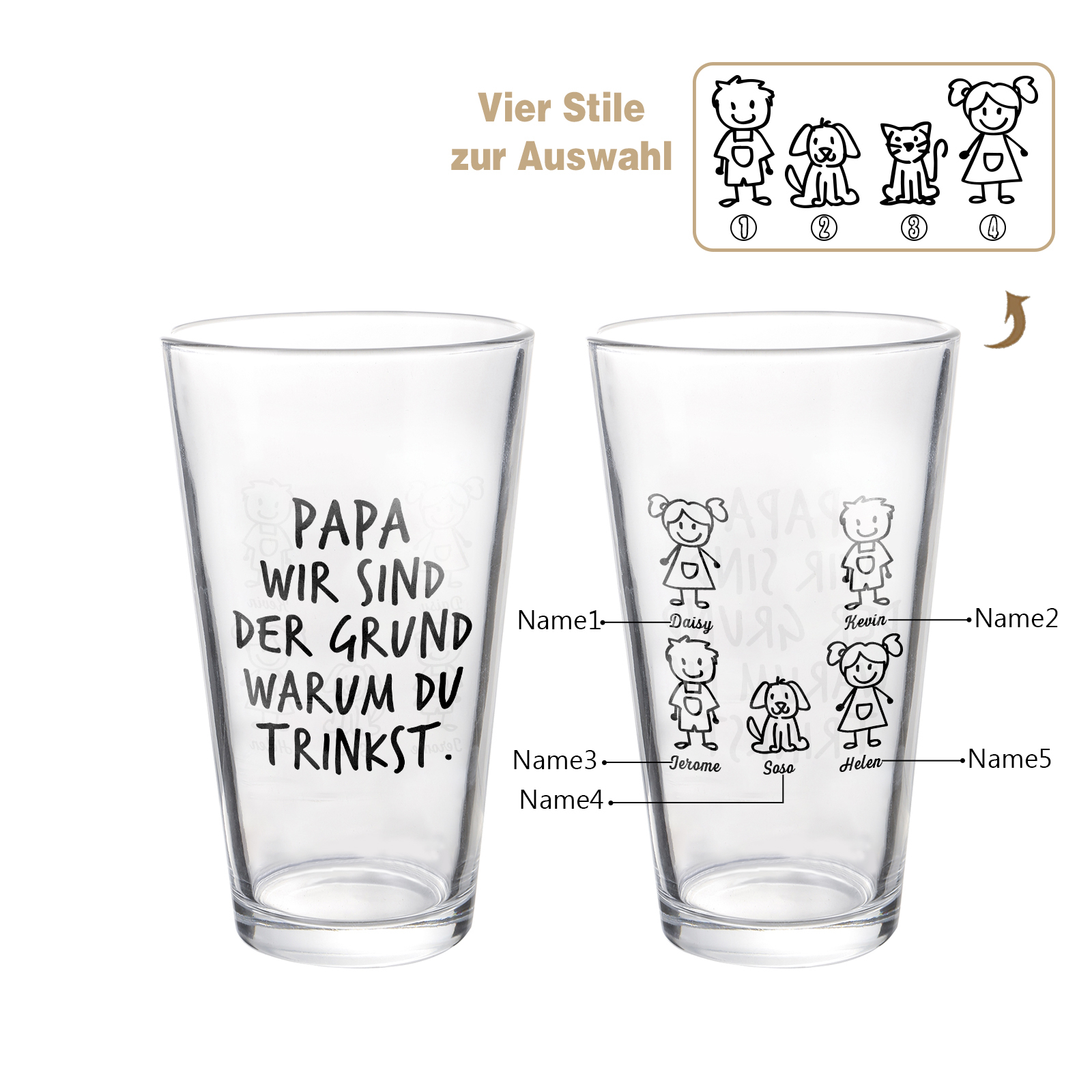 Personalisierte 1-6 Namen mit Faust Bierglas-Tasse – Bester Papa aller Zeiten – Bier-Glastasse für Papa