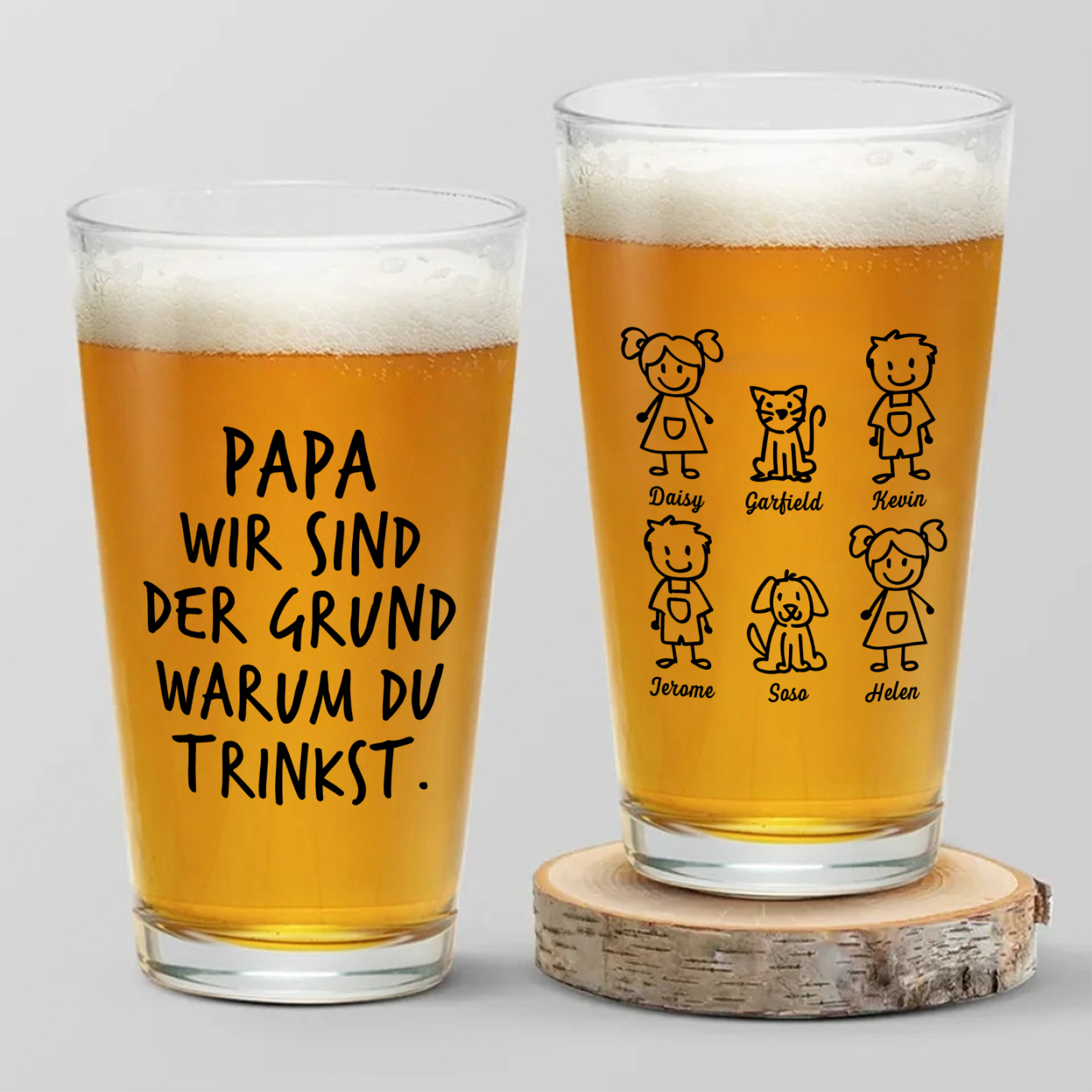 Personalisierte 1-6 Namen & Muster Bierglas-Tasse – Papa, wir sind Grund, warum du trinkst – Bier-Glastasse für Papa