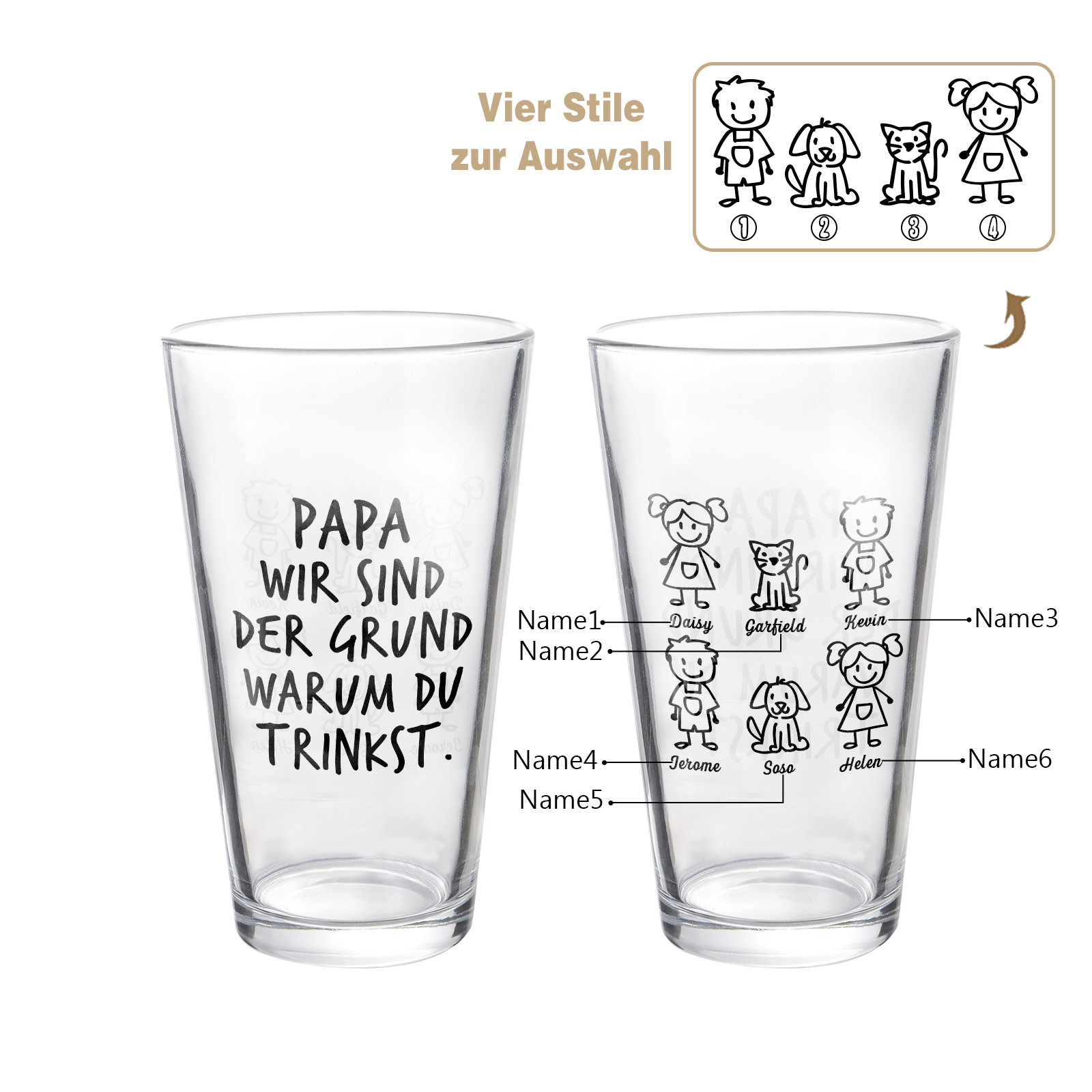 Personalisierte 1-6 Namen mit Faust Bierglas-Tasse – Bester Papa aller Zeiten – Bier-Glastasse für Papa