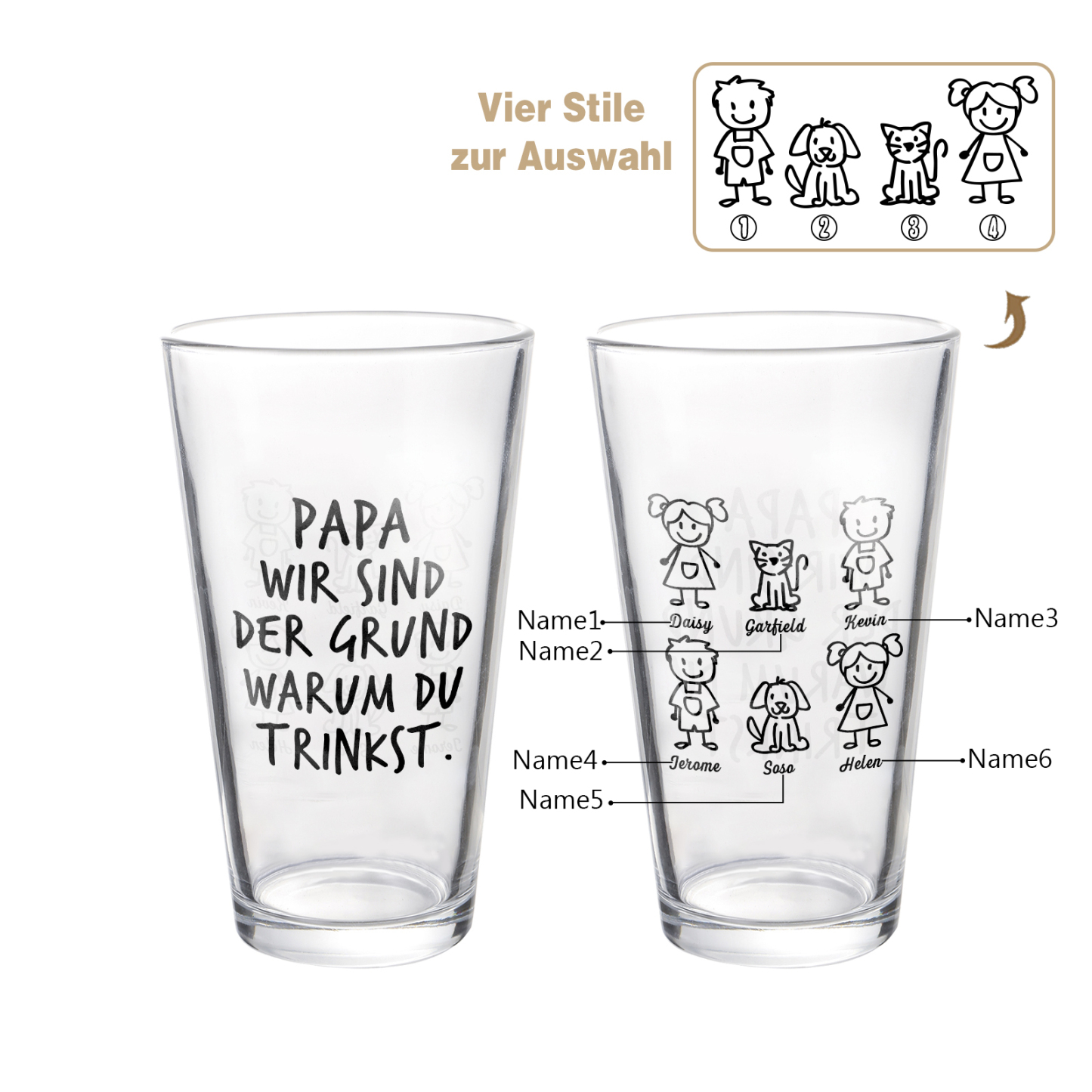 Personalisierte 1-6 Namen mit Faust Bierglas-Tasse – Bester Papa aller Zeiten – Bier-Glastasse für Papa