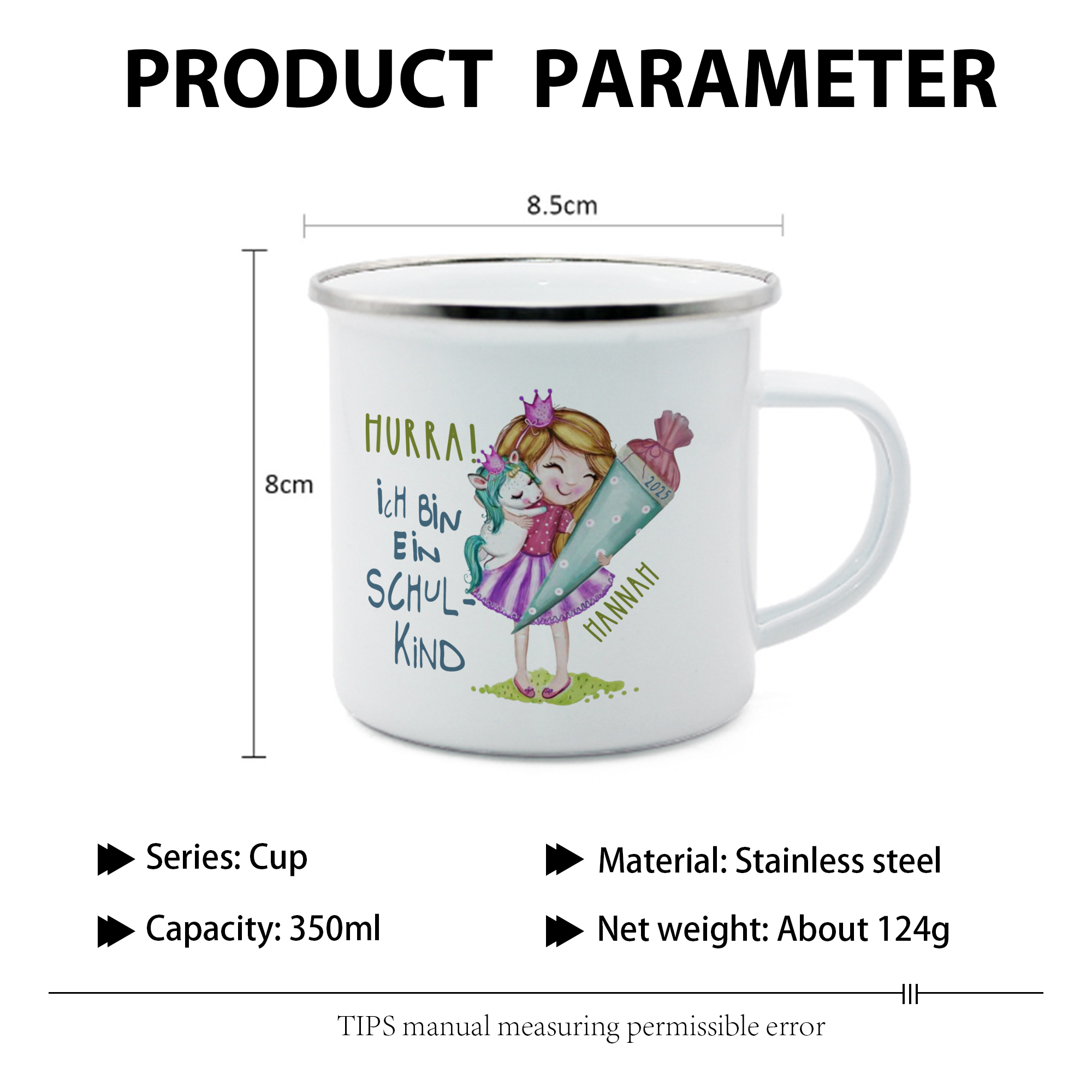 Emaille Tasse-Personalisierter Name & Jahr Mädchen Einhorn Becher - Hurra ich bin ein Schulkind- Geschenk zum Schulanfang