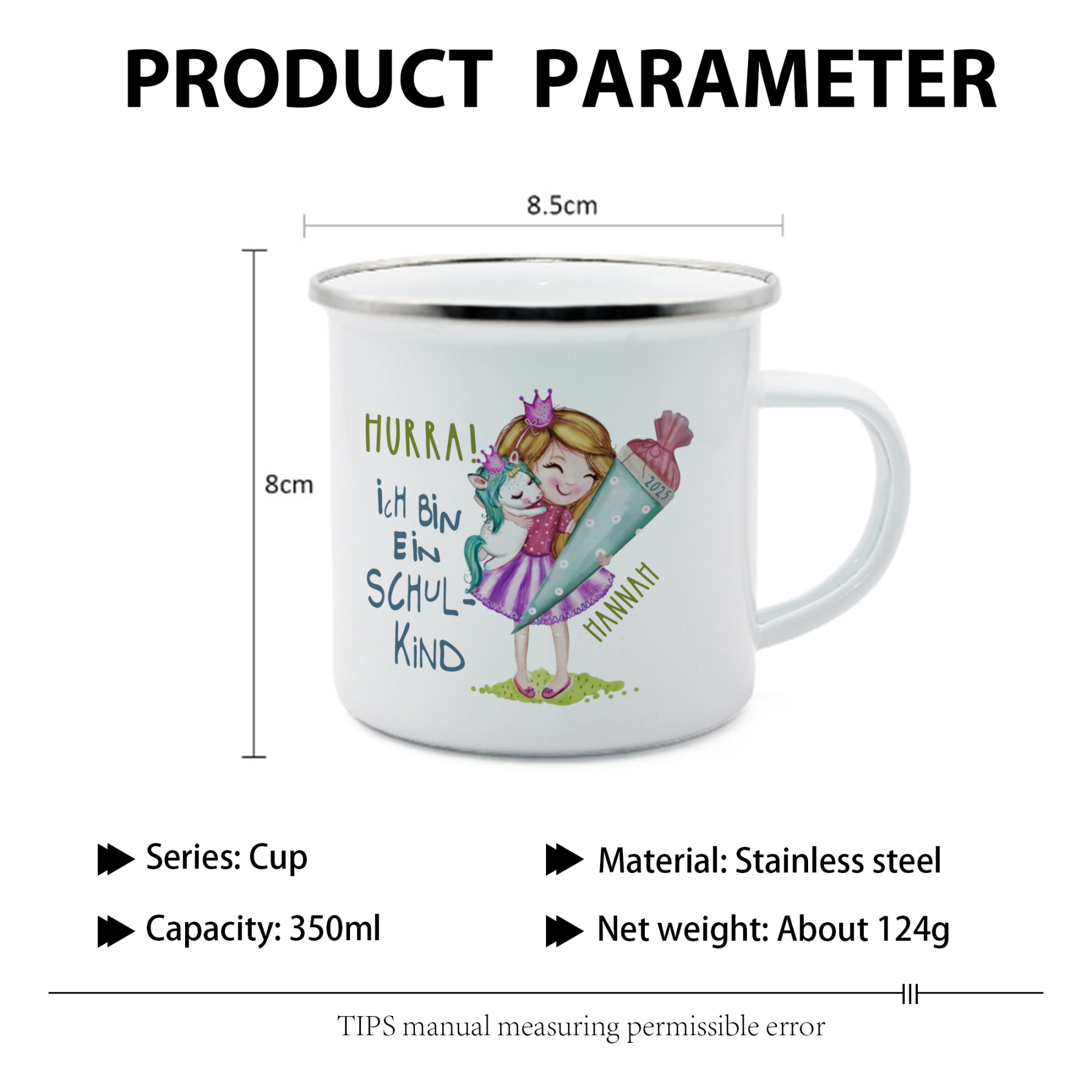 Emaille Tasse-Personalisierter Name & Jahr Mädchen Einhorn Becher - Hurra ich bin ein Schulkind- Geschenk zum Schulanfang