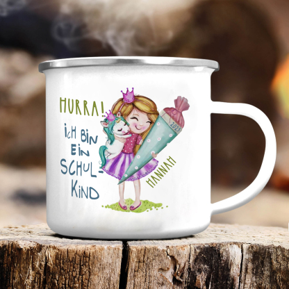 Emaille Tasse-Personalisierter Name & Jahr Mädchen Einhorn Becher - Hurra ich bin ein Schulkind- Geschenk zum Schulanfang