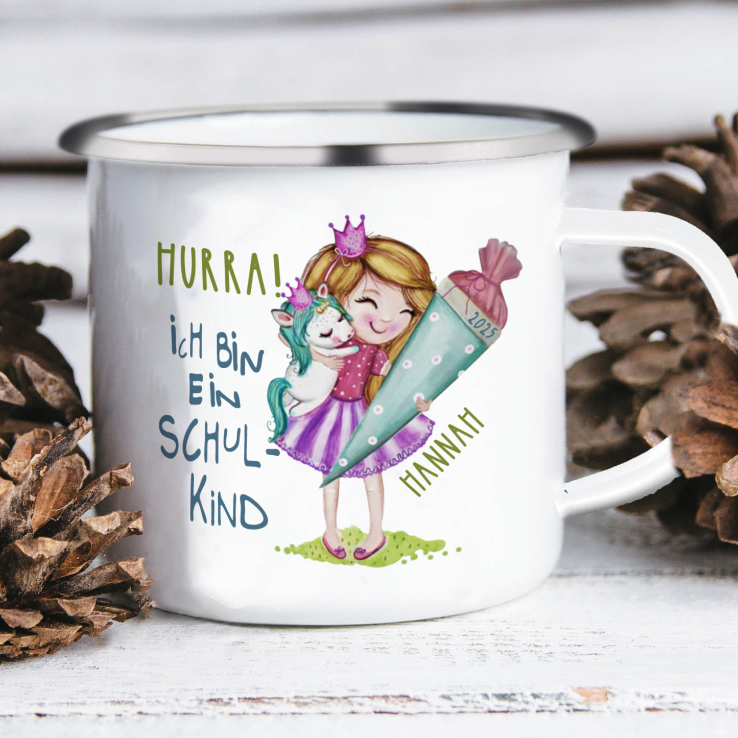 Emaille Tasse-Personalisierter Name & Jahr Mädchen Einhorn Becher - Hurra ich bin ein Schulkind- Geschenk zum Schulanfang