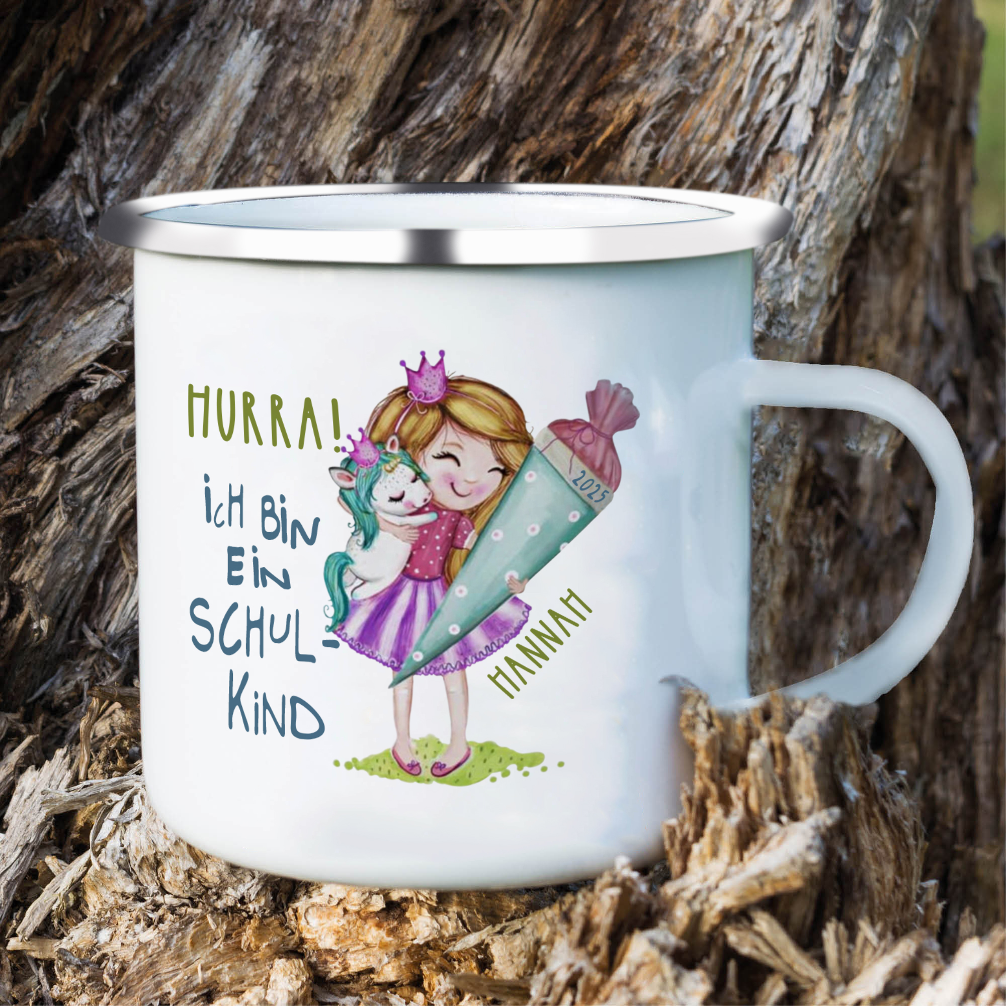 Emaille Tasse-Personalisierter Name & Jahr Mädchen Einhorn Becher - Hurra ich bin ein Schulkind- Geschenk zum Schulanfang