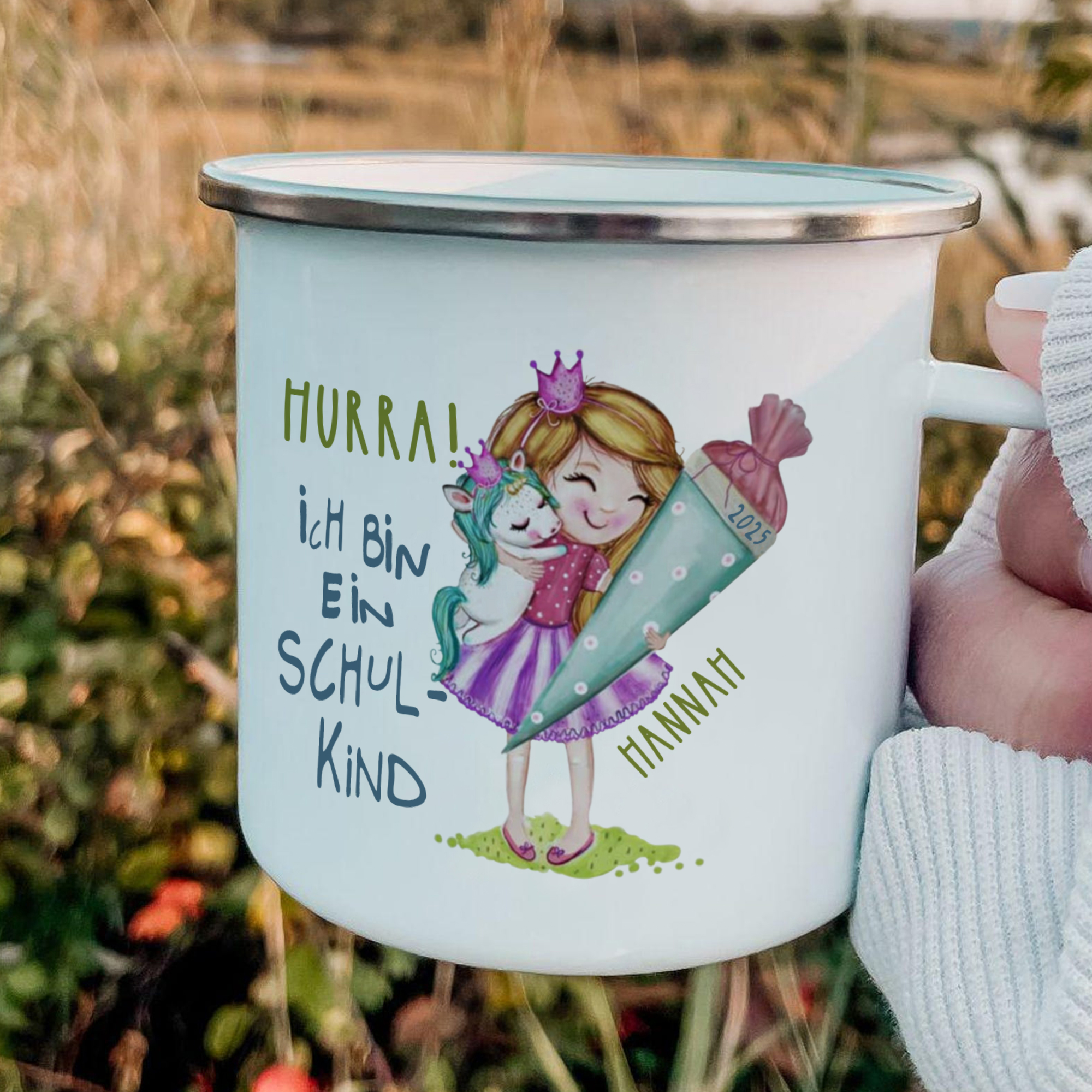 Emaille Tasse-Personalisierter Name & Jahr Mädchen Einhorn Becher - Hurra ich bin ein Schulkind- Geschenk zum Schulanfang