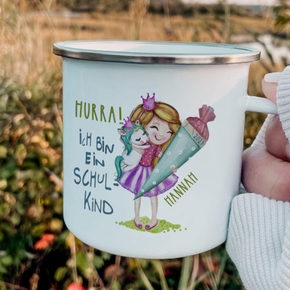 Emaille Tasse-Personalisierter Name & Jahr Mädchen Einhorn Becher - Hurra ich bin ein Schulkind- Geschenk zum Schulanfang