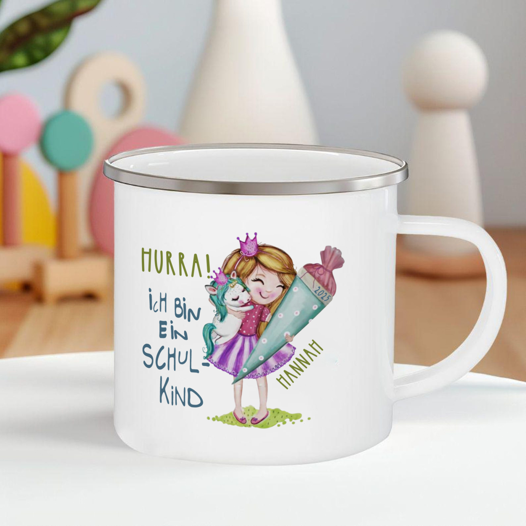 Emaille Tasse-Personalisierter Name & Jahr Mädchen Einhorn Becher - Hurra ich bin ein Schulkind- Geschenk zum Schulanfang
