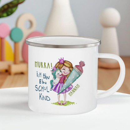 Emaille Tasse-Personalisierter Name & Jahr Mädchen Einhorn Becher - Hurra ich bin ein Schulkind- Geschenk zum Schulanfang