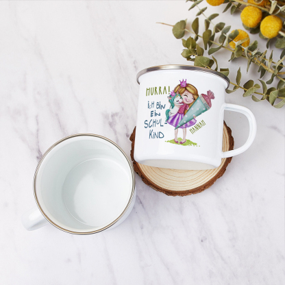 Emaille Tasse-Personalisierter Name & Jahr Mädchen Einhorn Becher - Hurra ich bin ein Schulkind- Geschenk zum Schulanfang