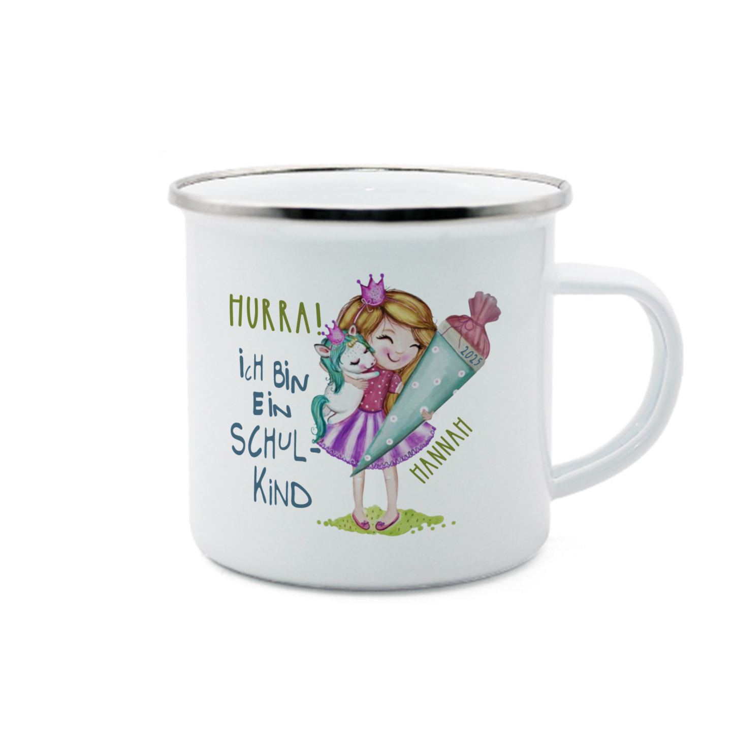 Emaille Tasse-Personalisierter Name & Jahr Mädchen Einhorn Becher - Hurra ich bin ein Schulkind- Geschenk zum Schulanfang