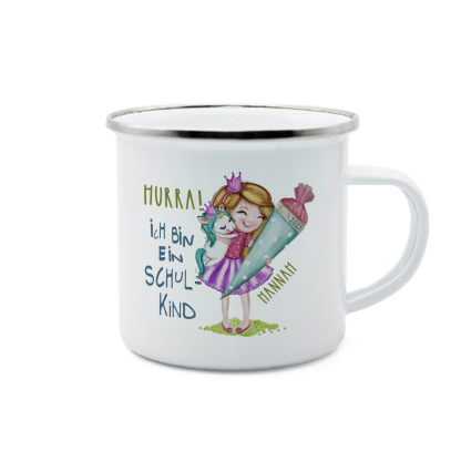 Emaille Tasse-Personalisierter Name & Jahr Mädchen Einhorn Becher - Hurra ich bin ein Schulkind- Geschenk zum Schulanfang