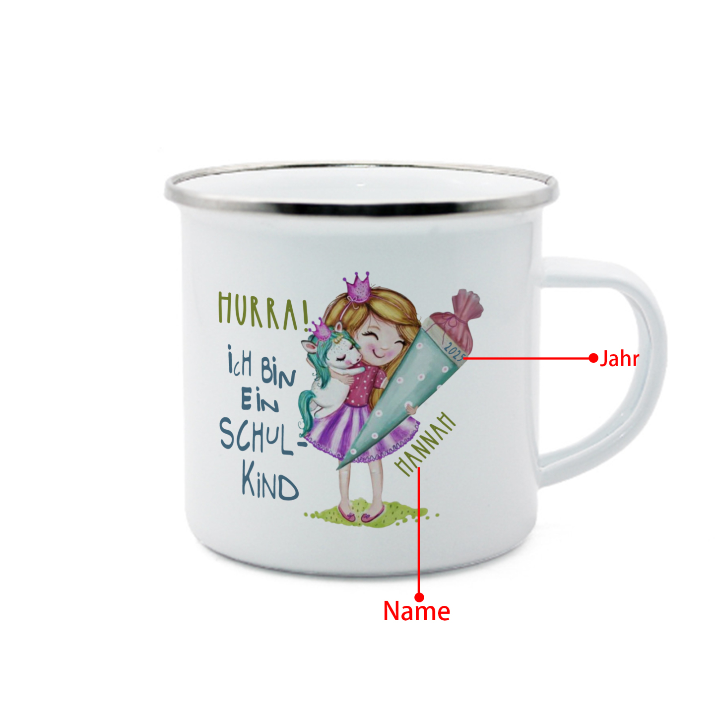 Emaille Tasse-Personalisierter Name & Jahr Mädchen Einhorn Becher - Hurra ich bin ein Schulkind- Geschenk zum Schulanfang
