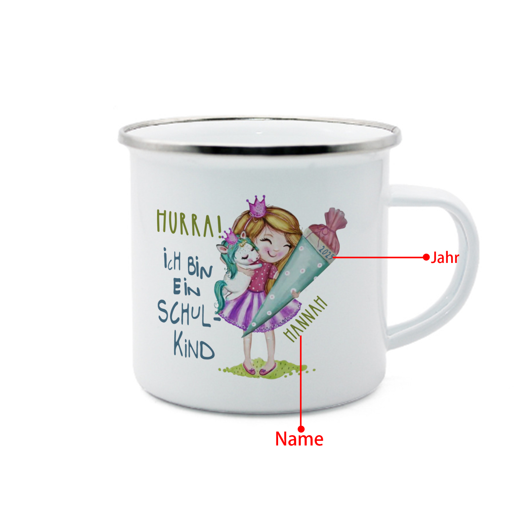 Emaille Tasse-Personalisierter Name & Jahr Mädchen Einhorn Becher - Hurra ich bin ein Schulkind- Geschenk zum Schulanfang
