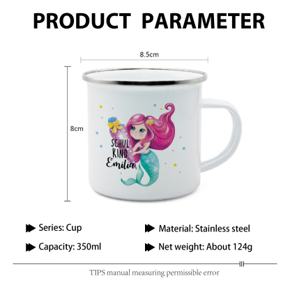 Emaille Tasse-Personalisierter Name Meerjungfrau Einhorn Becher - Schulkind- Geschenk zum Schulanfang