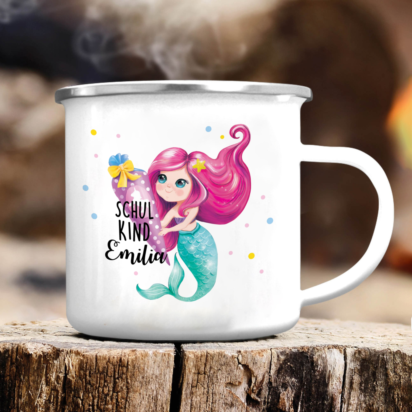 Emaille Tasse-Personalisierter Name Meerjungfrau Einhorn Becher - Schulkind- Geschenk zum Schulanfang