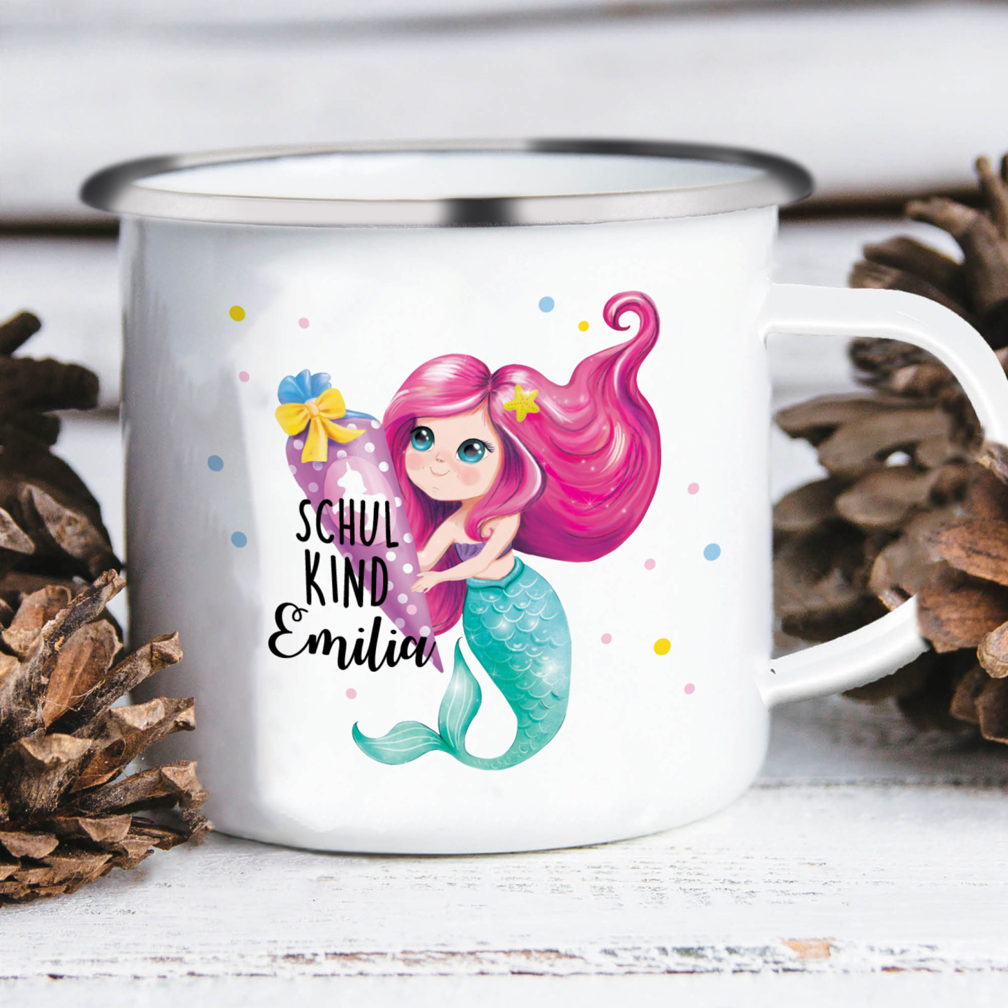 Emaille Tasse-Personalisierter Name Meerjungfrau Einhorn Becher - Schulkind- Geschenk zum Schulanfang