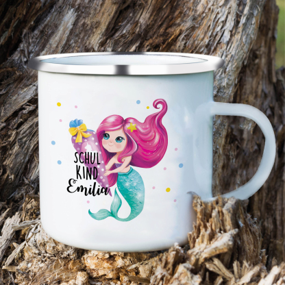Emaille Tasse-Personalisierter Name Meerjungfrau Einhorn Becher - Schulkind- Geschenk zum Schulanfang