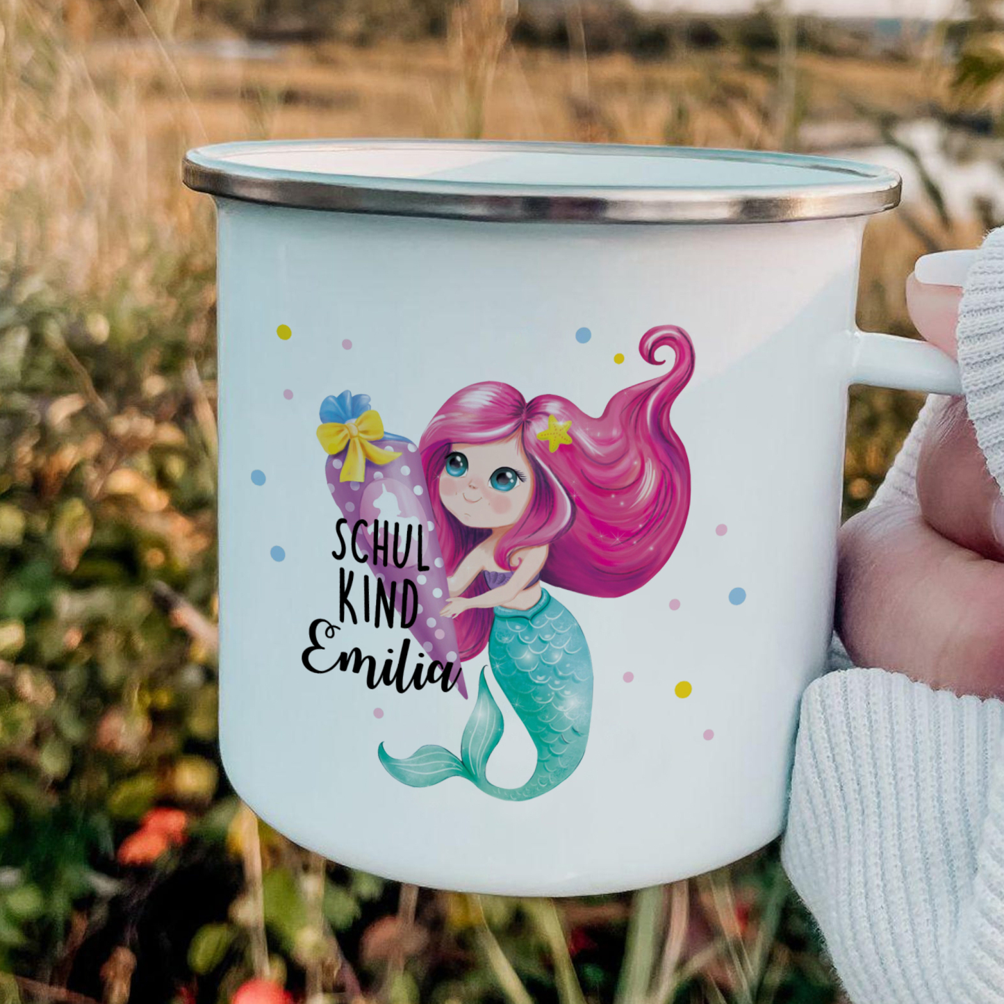 Emaille Tasse-Personalisierter Name Meerjungfrau Einhorn Becher - Schulkind- Geschenk zum Schulanfang
